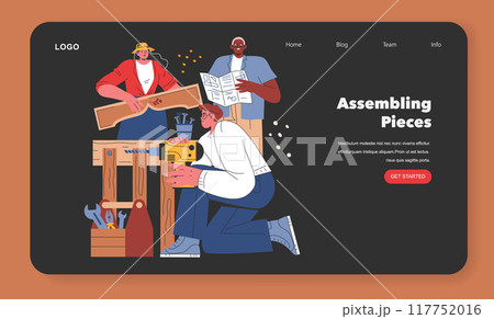 Woodworking workshop concept. A diverse team collaborates on a DIY project, utilizing various tools and skills. Creative carpentry and teamwork in action. Vector illustration. 117752016