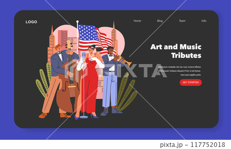 Patriot Day concept. Musicians performing with American flag, celebrating national pride with art and music. Patriotic tribute on a website banner. Vector illustration. Patriot Day concept. Musicians performing with American flag, celebrating national pride with art and music. Patriotic tribute on a website banner. Vector illustration. 117752018