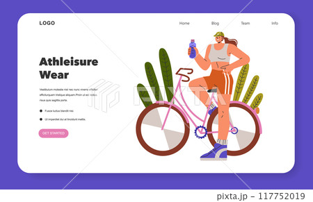 Athleisure fashion concept. User-friendly website layout showcasing a stylish individual with sporty attire and accessories. Casual and comfortable lifestyle. Vector illustration. Athleisure fashion concept. User-friendly website layout showcasing a stylish individual with sporty attire and accessories. Casual and comfortable lifestyle. Vector illustration. 117752019