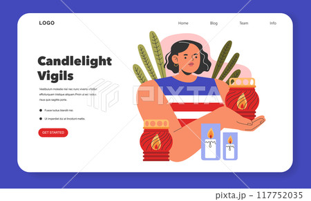 Patriot Day concept. Illustrated scene of a woman participating in a candlelight vigil with a web page interface. Remembrance and tribute activities. Vector illustration. Patriot Day concept. Illustrated scene of a woman participating in a candlelight vigil with a web page interface. Remembrance and tribute activities. Vector illustration. 117752035