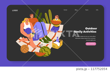 Family picnic concept. Parents and child enjoying a summer day outdoor, with fresh fruits and a basketball. Harmony with nature. Vector illustration. 117752054