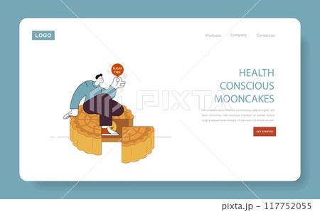 Mid Autumn Festival concept. A person sitting on mooncakes, choosing a sugar-free option. Healthy lifestyle during festive seasons. Vector illustration. 117752055