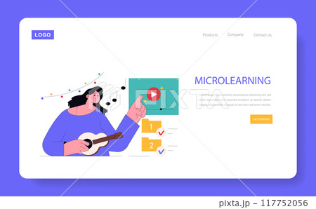 Adult Education concept. Online microlearning platform with a user playing guitar while viewing a lesson. Interactive and engaging music course. Vector illustration. 117752056