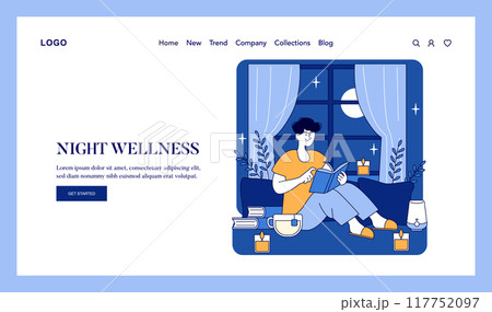 Night Wellness concept. Person relaxing at home by reading a book with a cozy window view. Self-care evening routine with book and candles. Vector illustration. Night Wellness concept. Person relaxing at home by reading a book with a cozy window view. Self-care evening routine with book and candles. Vector illustration. 117752097