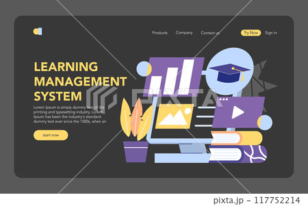 Online Education concept. A user-friendly interface for a Learning Management System. Books, graduation cap, and multimedia icons. Vector illustration. Online Education concept. A user-friendly interface for a Learning Management System. Books, graduation cap, and multimedia icons. Vector illustration. 117752214