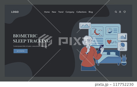 Biometric Sleep Tracking concept. Illustration of a woman monitoring her sleep patterns using a smartphone app. Visualizing health data for improved rest. Vector illustration. 117752230