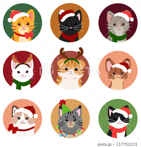 クリスマスのシンプルで可愛い猫の丸いアイコンイラストセット 117752231