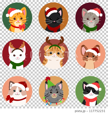 クリスマスのシンプルで可愛い猫の丸いアイコンイラストセット 117752231