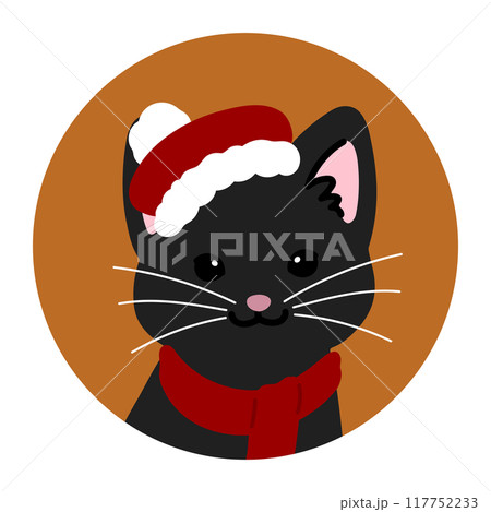 クリスマスのシンプルで可愛い黒猫の丸いアイコンイラスト 117752233