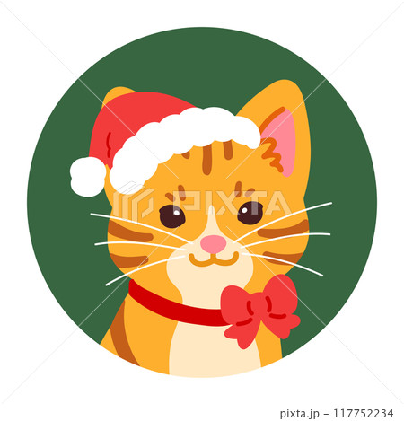 クリスマスのシンプルで可愛い茶トラの丸いアイコンイラスト 117752234