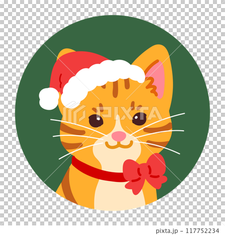 クリスマスのシンプルで可愛い茶トラの丸いアイコンイラスト 117752234