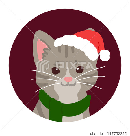 クリスマスのシンプルで可愛いサバトラの丸いアイコンイラスト 117752235
