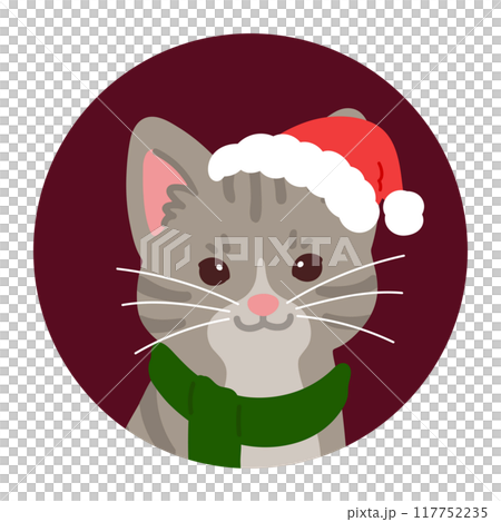 クリスマスのシンプルで可愛いサバトラの丸いアイコンイラスト 117752235