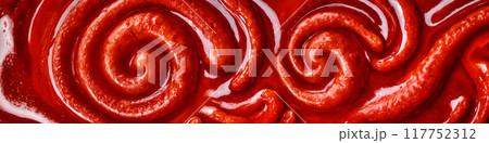 Red tomato paste,  ketchup, strawberry mousse or red paint texture or wallpaper. Food or organic background, wallpaper, material or banner. 117752312