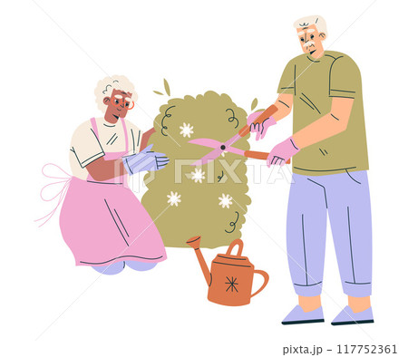 Nursing Home with Retired Man and Woman Character Prune Bush in the Garden Vector Illustration 117752361