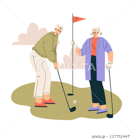 Nursing Home with Retired Man and Woman Character Playing Golf Together Vector Illustration Nursing Home with Retired Man and Woman Character Playing Golf Together Vector Illustration 117752447