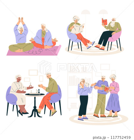 Nursing Home with Retired Man and Woman Character Doing Different Activity Vector Set Nursing Home with Retired Man and Woman Character Doing Different Activity Vector Set 117752459