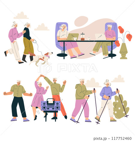 Nursing Home with Retired Man and Woman Character Doing Different Activity Vector Set 117752460