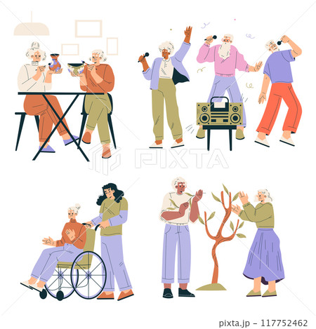 Nursing Home with Retired Man and Woman Character Doing Different Activity Vector Set 117752462