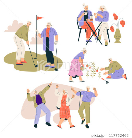 Nursing Home with Retired Man and Woman Character Doing Different Activity Vector Set 117752463