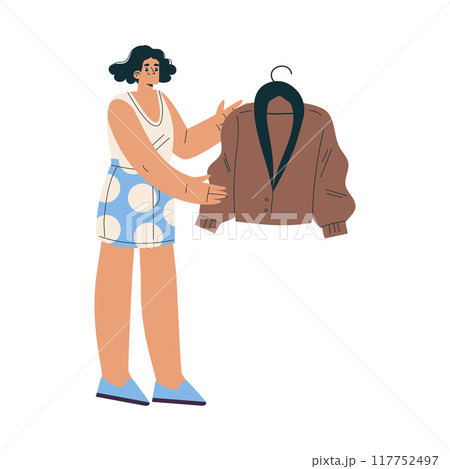 Woman Character Choose Jacket on Hanger Vector Illustration Woman Character Choose Jacket on Hanger Vector Illustration 117752497