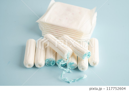 Sanitary pad napkin, tampon and menstruation cup for woman hygiene protect menstruation cycle. Sanitary pad napkin, tampon and menstruation cup for woman hygiene protect menstruation cycle. 117752604