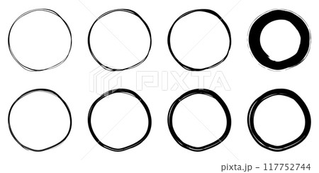 イラスト素材：手書きのシンプルな丸・円　白黒　ベクター　透過　可愛い　かわいい　手描き　Set of 117752744