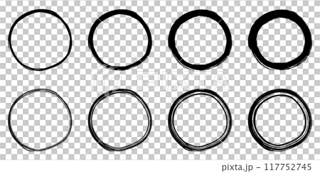 イラスト素材：手書きのシンプルな丸・円　白黒　ベクター　透過　可愛い　かわいい　手描き　Set of 117752745