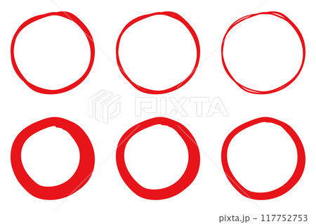 イラスト素材：手書きのシンプルな丸・円　赤　ベクター　透過　可愛い　かわいい　手描き　Set of 117752753