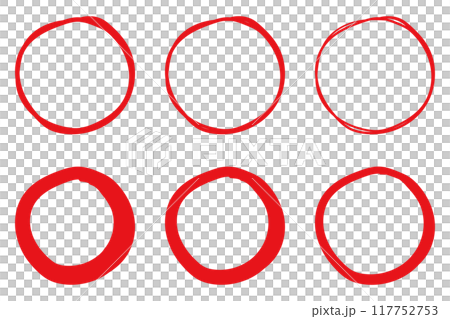 イラスト素材：手書きのシンプルな丸・円　赤　ベクター　透過　可愛い　かわいい　手描き　Set of 117752753