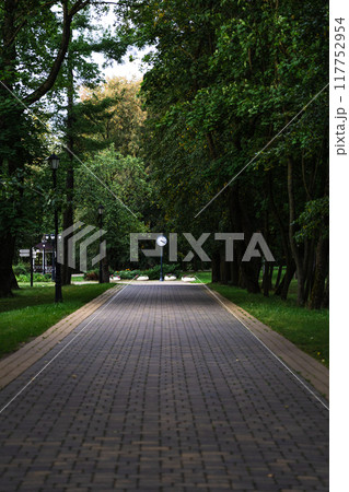 An empty, straight, sidewalk, pedestrian path in the forest park. Street clock An empty, straight, sidewalk, pedestrian path in the forest park. Street clock 117752954