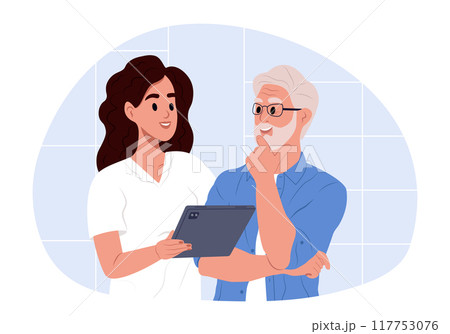 A patient visits a doctor. Doctor with tablet and health results, advice and report. Vector illustration in a simple style 117753076