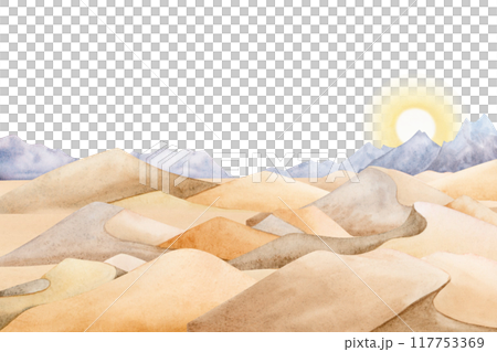 Desert landscape with mountains and rising sun watercolor illustration isolated on white. Sand dunes on dawn horizontal panorama in simple style. Monochrome nature drawing for travel tourist designs 117753369