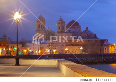 Cathedral of the Holy Cross on the Cadiz waterfront at dawn. 117753411