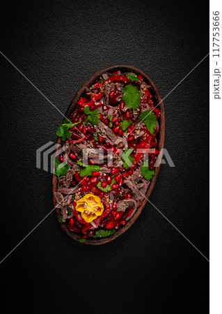 Georgian salad Tbilisi, boiled beef, with red beans and onions, sweet pepper, walnut and pomegranate, homemade, no people, 117753666