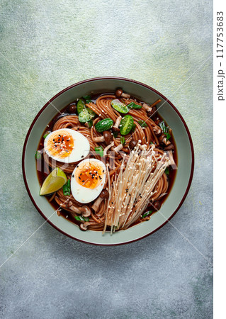 soba, buckwheat noodles, with enoki mushrooms, shimeji and boiled egg, top view, homemade, no people, soba, buckwheat noodles, with enoki mushrooms, shimeji and boiled egg, top view, homemade, no people, 117753683