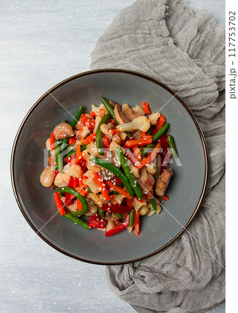 Wok, Asian-style vegetables, street food, mixed vegetables, no people, top view, Wok, Asian-style vegetables, street food, mixed vegetables, no people, top view, 117753702