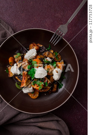 Warm Salad with crispy eggplant and tomatoes, cottage cheese, spices, herbs, sesame seeds, sunflower seeds, Georgian cuisine, no people, 117753728