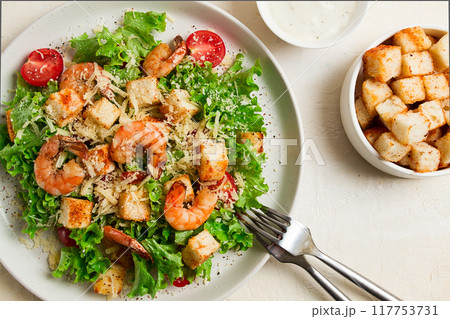 caesar salad, with shrimp, on a white background, homemade, no people, caesar salad, with shrimp, on a white background, homemade, no people, 117753731