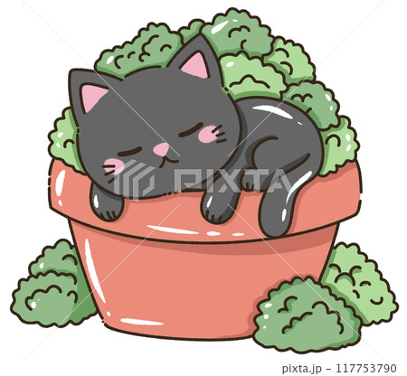 Hand drawn kawaii illustration for kids greeting cards invitation cute element of a cute black cat sleeping on a potted plants Hand drawn kawaii illustration for kids greeting cards invitation cute element of a cute black cat sleeping on a potted plants 117753790