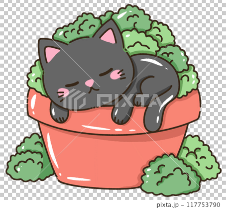 Hand drawn kawaii illustration for kids greeting cards invitation cute element of a cute black cat sleeping on a potted plants Hand drawn kawaii illustration for kids greeting cards invitation cute element of a cute black cat sleeping on a potted plants 117753790
