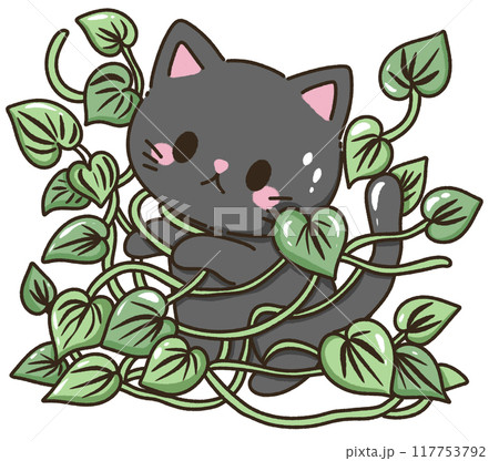 Hand drawn kawaii illustration for kids greeting cards invitation cute element of a cute black cat got tangled with leaves Hand drawn kawaii illustration for kids greeting cards invitation cute element of a cute black cat got tangled with leaves 117753792