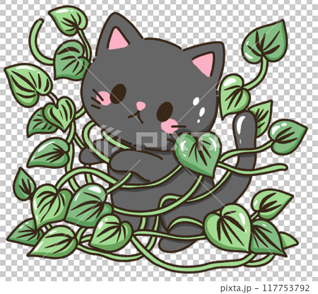 Hand drawn kawaii illustration for kids greeting cards invitation cute element of a cute black cat got tangled with leaves Hand drawn kawaii illustration for kids greeting cards invitation cute element of a cute black cat got tangled with leaves 117753792