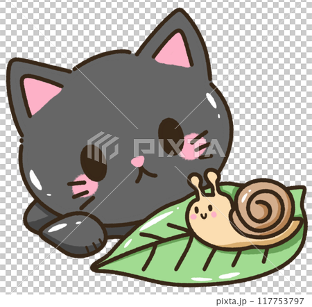 Hand drawn kawaii illustration for kids greeting cards invitation cute element of a cute black cat looking at a snail 117753797