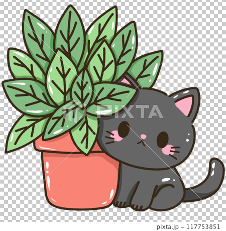 Hand drawn kawaii illustration for kids greeting cards invitation cute element of a cute black cat leaning against a houseplant 117753851