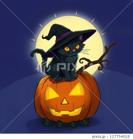 Cute black cat with witch hat on pumpkin. AI generation 117754028