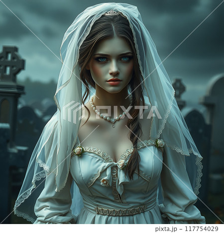 Mysterious bride in white dress at eerie graveyard. AI generation 117754029