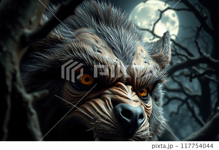 Werewolf with glowing eyes under full moon. AI generation Werewolf with glowing eyes under full moon. AI generation 117754044
