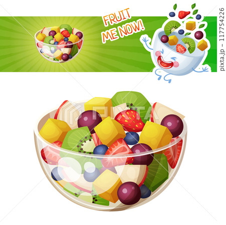 Fruit salad cartoon vector illustration. Summer salad with kiwi, mango, strawberry, blueberry, red apple, grape ingredients food icon isolated on white background. Funny fruit bowl character Fruit salad cartoon vector illustration. Summer salad with kiwi, mango, strawberry, blueberry, red apple, grape ingredients food icon isolated on white background. Funny fruit bowl character 117754226