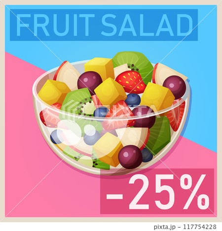Cartoon illustration of fruit salad bowl. Vector sliced berries and fruits icon for breakfast Cartoon illustration of fruit salad bowl. Vector sliced berries and fruits icon for breakfast 117754228